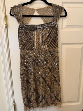 Adrianna Papell Nude Beaded Mini Dress with Gunmetal Sequins